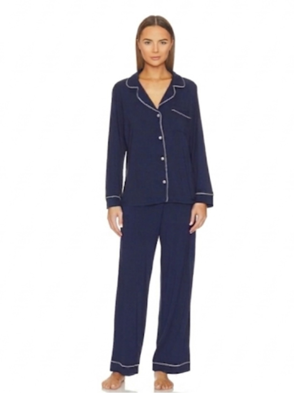 Eberjey “Gisele” Tencel Modal Long Sleeve PJ Set Navy/Ivory Medium New With Tags